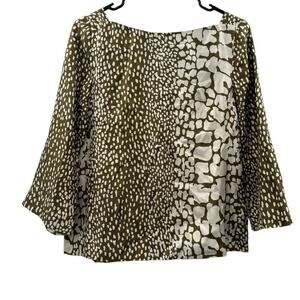 J. Crew 100% Silk Cream &‎ Green Giraffe Animal Print 3/4 Sleeve Top Size 6